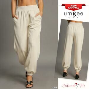 Umgee Drawstring Front Seam Detail Side Pockets Relaxed Jogger Pants | Ecru